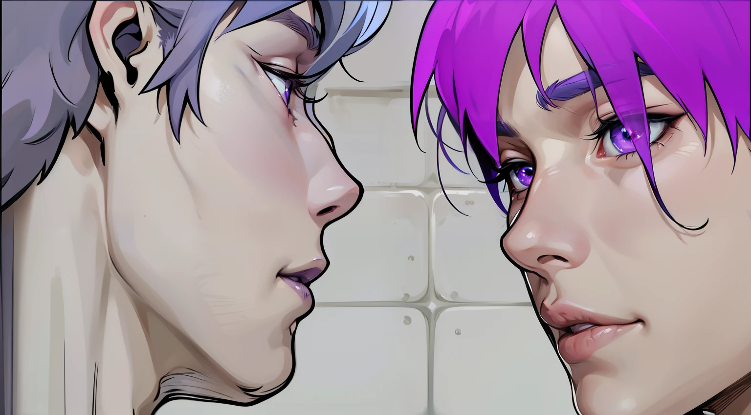 two young men of 16 years, one cute young man with gray hair and purple hair, purple eyes and the other blue eyes, are in the shower without a shirt, they look at each other with desire, pleasure, sensuality, they are going to kiss each other tenderly.