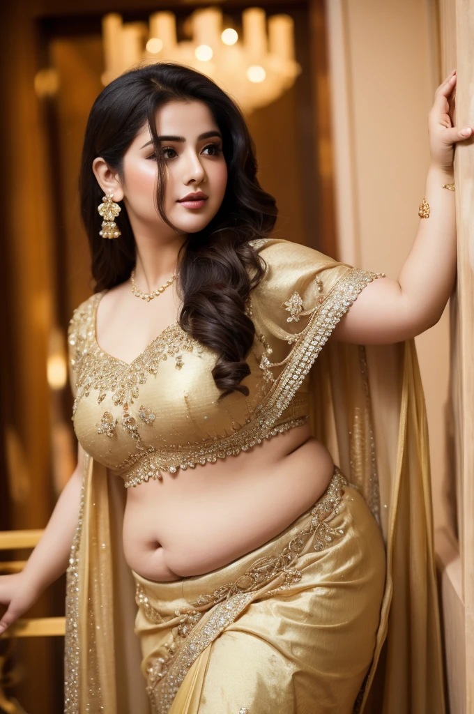 1 Heavenly beautiful and goddess beauty cute and sweet looking face Arabian woman in front of Chengdu, China, Heavenly beautiful Overweight, Heavenly beautiful Extremely fat, Heavenly beautiful and attractive Chubby figure , Heavenly beautiful looking and eye catching luxury style saree , reaching out, Heavenly beautiful Arabian woman, 16k, High resolution, masterpiece, highest quality, fine skin, close up figure view, Realistic Photograph