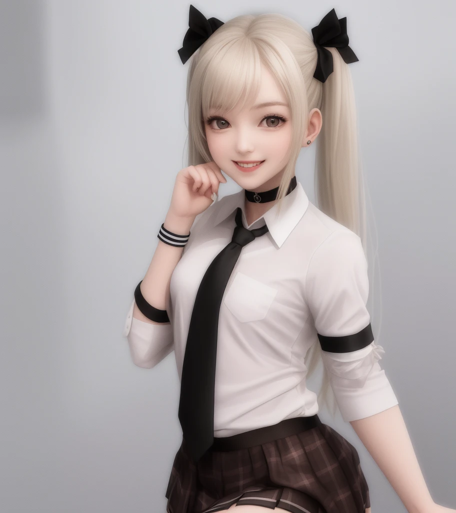 marie rose, 1girl, small breasts, black choker, white shirt, necktie, plaid skirt, wristband, detached sleeves, black thighhighs, garter straps, smile, v, hand up,upper body,, masterpiece,best quality,