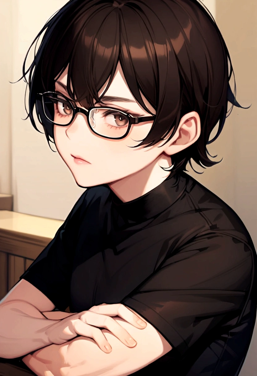 dark brown hair and face with glasses man black shirt and black pants pale skin