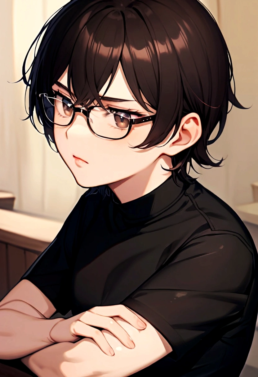 dark brown hair and face with glasses man black shirt and black pants pale skin 