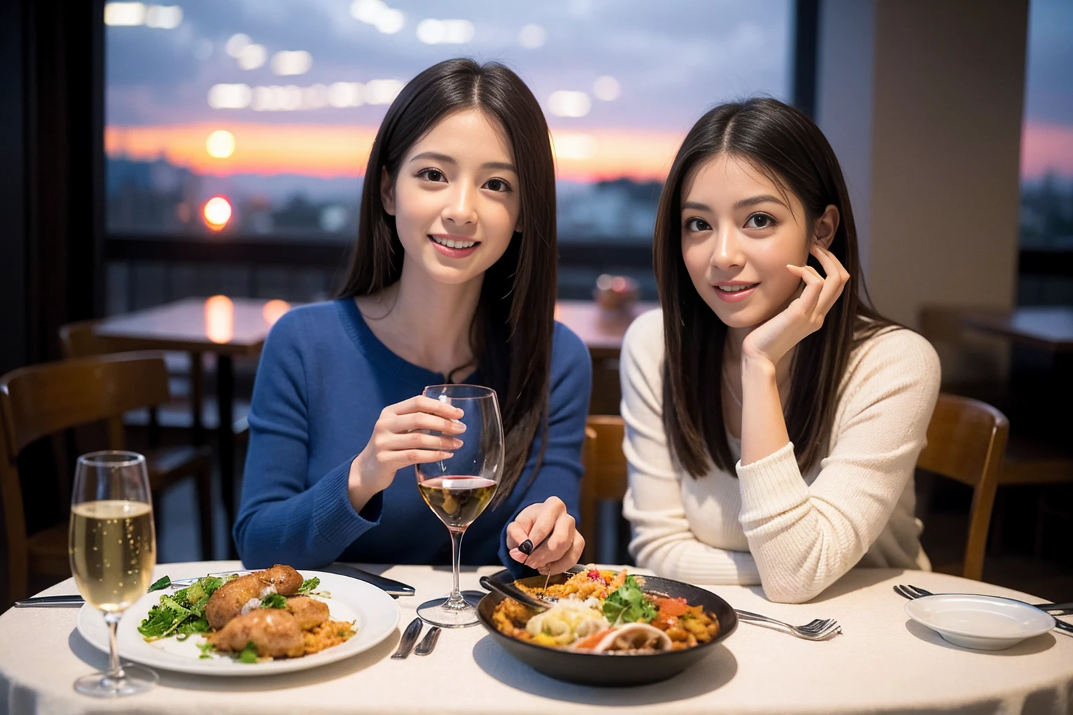 ((Highest quality、、masterpiece:1.3))、1 male、1 female、Satomi Ishihara、Beautiful couple、smile、full-course dinner、 (Slim face), (the body is スリム), (Brown Hair), (Shortcuts), ((Bob Hale、Straight hair:1.2)), テーブルの上のwine glass、Put the light on your face、 Amazing view of the sunset sky and clouds、smileの美しさ、Bright image、Blushing, Shortcuts, (43 years old), 39 years old, Appetizers、Italian food、Wine bottle、Champagne、sparkling wine、Long sleeve shirt、dress、Attractive beauty、restaurant, Nova Frog Style, actress, model, Upper Body, White wine, red wine, wine glass,