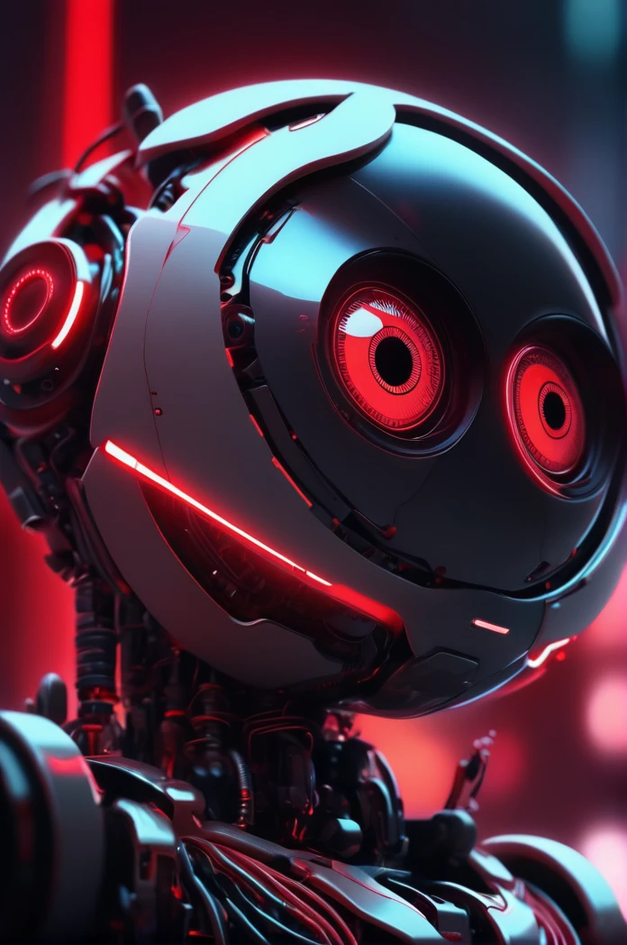 a perfect detayled eye of a robot watching the camera, red and neon style. perfect shot. DOF, render,