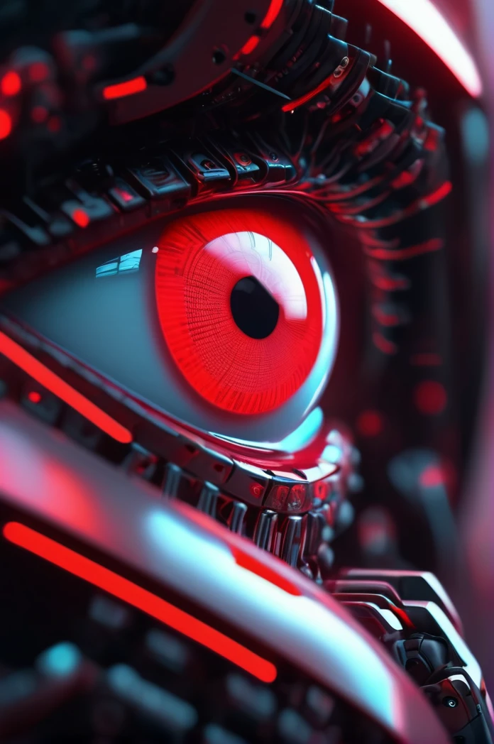 a perfect detayled eye of a robot watching the camera, red and neon style. perfect shot. DOF, render,