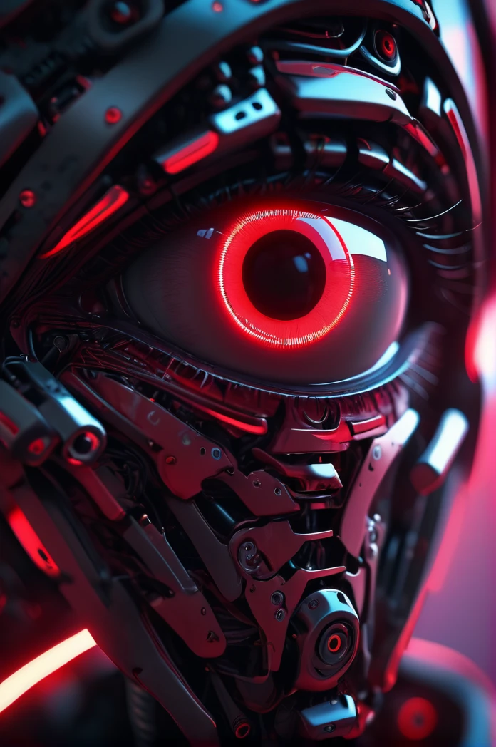 a perfect detayled eye of a robot watching the camera, red and neon style. perfect shot. DOF, render, 