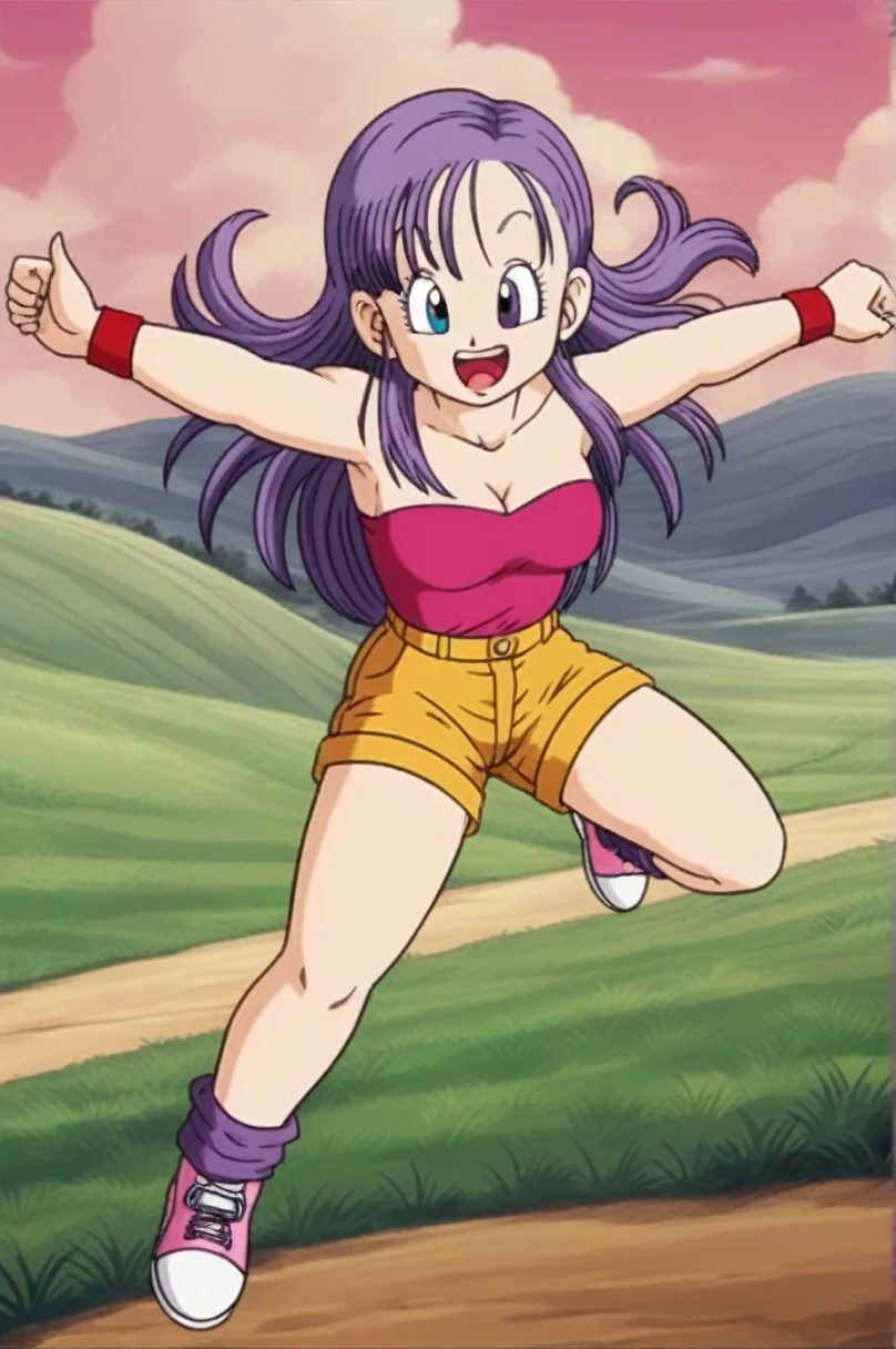 sauce_anime, score_9, score_8_superior, score_7_superior, anime screencap,
Bloomers \(Dragon Ball\), One girl, alone, View your viewers, smile, Open your mouth, Brown eyes, Field, Outstretched Hand, leg superior, whole body, Outdoor, null, shoes, Shorts, Outstretched arms, Day, shoes下, cloud, blue null, Strapless, Purple Hair, one side superior, Wristband, sneakers, Pink footwear, brown Shorts, purple shoes下, arm superior, clavicle, Eyebrow, eyelash, Jumping, nail, Semi-long hair, Look to the side, Clenched hands, raised Eyebrow, 中null, tongue, teeth