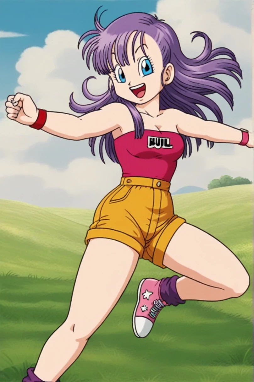 sauce_anime, score_9, score_8_superior, score_7_superior, anime screencap,
Bloomers \(Dragon Ball\), One girl, alone, View your viewers, smile, Open your mouth, Brown eyes, Field, Outstretched Hand, leg superior, whole body, Outdoor, null, shoes, Shorts, Outstretched arms, Day, shoes下, cloud, blue null, Strapless, Purple Hair, one side superior, Wristband, sneakers, Pink footwear, brown Shorts, purple shoes下, arm superior, clavicle, Eyebrow, eyelash, Jumping, nail, Semi-long hair, Look to the side, Clenched hands, raised Eyebrow, 中null, tongue, teeth