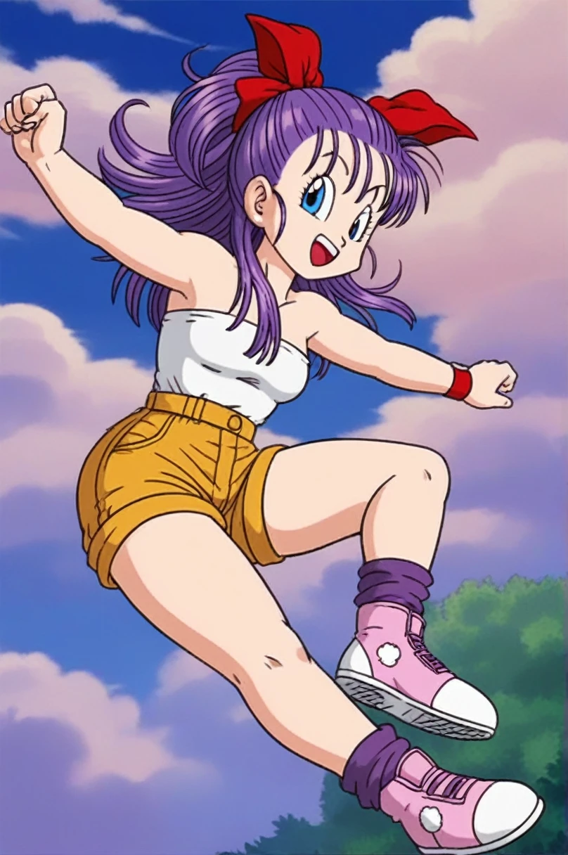 sauce_anime, score_9, score_8_superior, score_7_superior, anime screencap, 
Bloomers \(Dragon Ball\), One girl, alone, View your viewers, smile, Open your mouth, Brown eyes, Field, Outstretched Hand, leg superior, whole body, Outdoor, null, shoes, Shorts, Outstretched arms, Day, shoes下, cloud, blue null, Strapless, Purple Hair, one side superior, Wristband, sneakers, Pink footwear, brown Shorts, purple shoes下, arm superior, clavicle, Eyebrow, eyelash, Jumping, nail, Semi-long hair, Look to the side, Clenched hands, raised Eyebrow, 中null, tongue, teeth
 