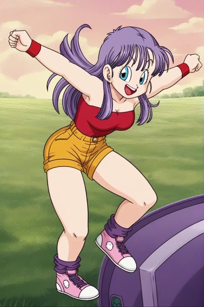 sauce_anime, score_9, score_8_superior, score_7_superior, anime screencap, 
Bloomers \(Dragon Ball\), One girl, alone, View your viewers, smile, Open your mouth, Brown eyes, Field, Outstretched Hand, leg superior, whole body, Outdoor, null, shoes, Shorts, Outstretched arms, Day, shoes下, cloud, blue null, Strapless, Purple Hair, one side superior, Wristband, sneakers, Pink footwear, brown Shorts, purple shoes下, arm superior, clavicle, Eyebrow, eyelash, Jumping, nail, Semi-long hair, Look to the side, Clenched hands, raised Eyebrow, 中null, tongue, teeth
 