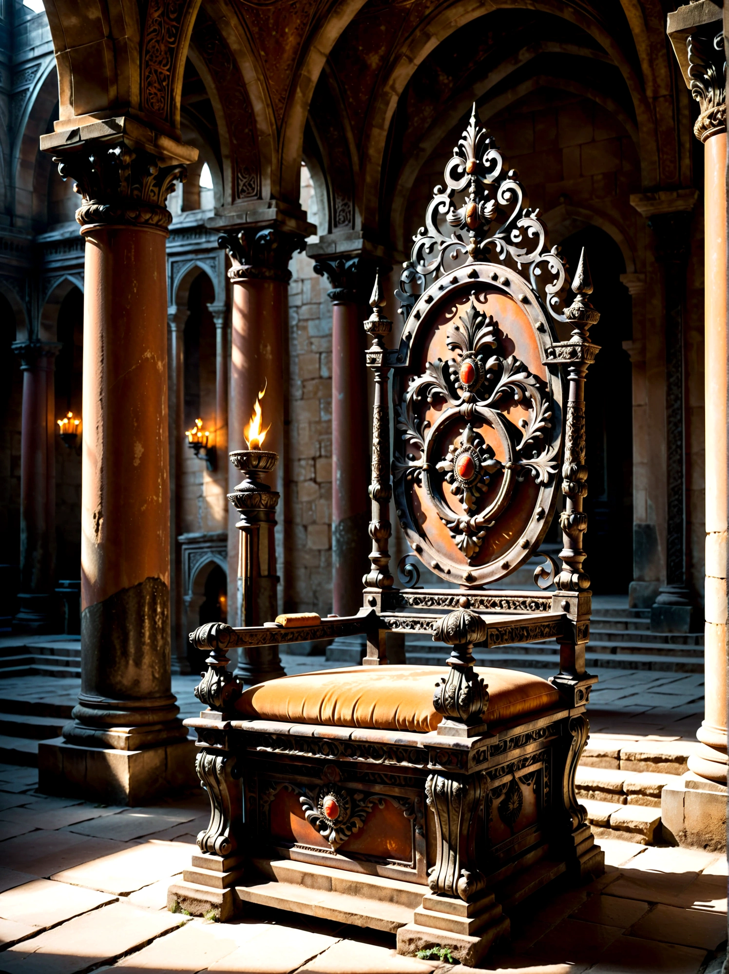 A detailed depiction of an intricate, enigmatic chair made of old, rusted iron with sharp, blade-like protrusions suggesting a throne. This throne is set upon a stark, stone pedestal within an ancient, regal palace. Dominating the background is a dramatic, sprawling, stone architecture, cloaked in deep shadows and dim, atmospheric, torch light. Note that the throne is to appear as if it has been used for around 12 years with clear signs of wear and tear