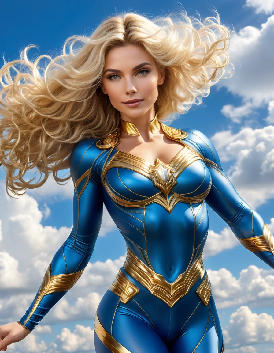 Svetlana Lindowskaya, blonde blombshell hovering in the sky, 29 anos, bodysuit tomara que caia dourado, coxas expostas, Armadura de Ouro, Superhero Woman , gold armbands, Manoplas Lgold, colar gargantilha de douro, tiara dourada, brincos grandes de argola, faixa dourada, pose majestosa, cabelos loiros, Plaits Hair, cabelos longos, Curvilinear athletic body, Muscles, shoulders, wide shoulders, coxas, seios, Exposed glutes, Vista lateral do corpo, olhos azuis, look-at-camera, facial expression of tenderness, Romantismo, clouds, blue sky, sun, raios de luz