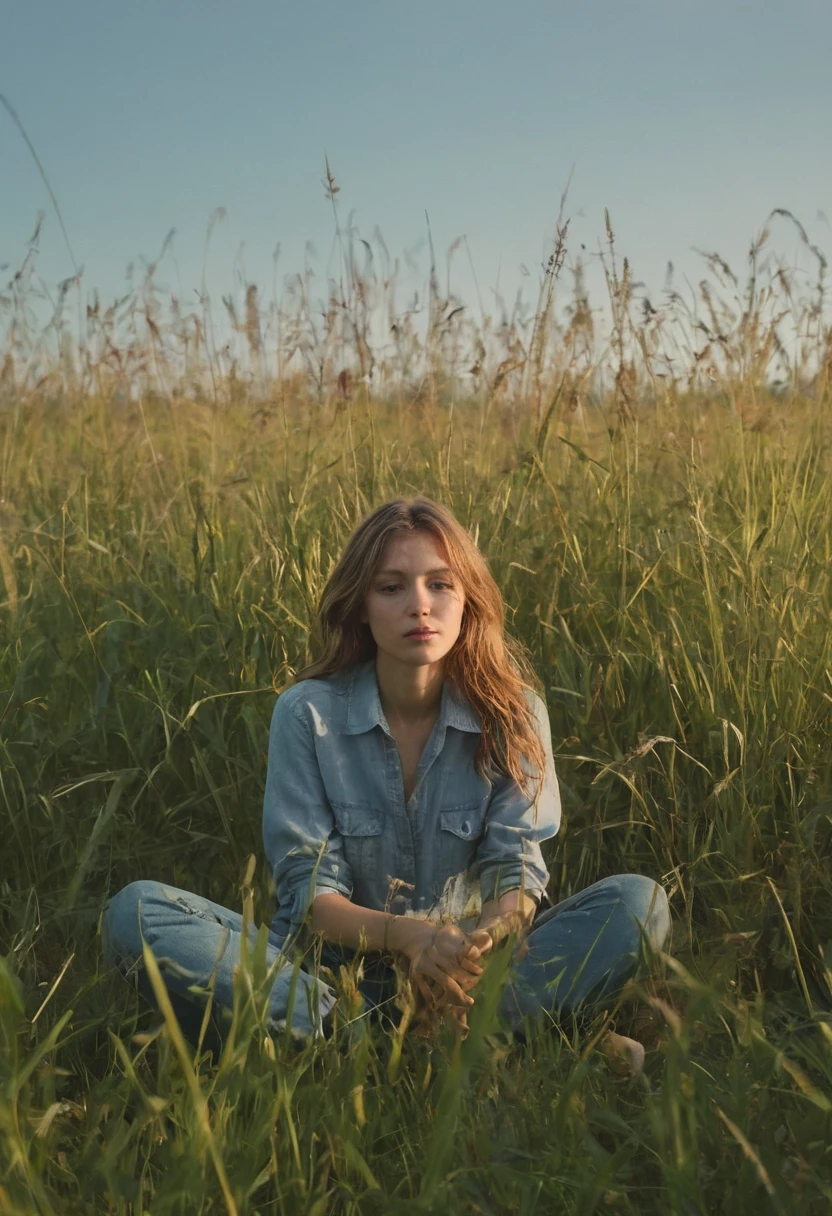 a woman sits in a tall grass meadow, blue grass, dense greenery surrounding her, she's hidden, camouflaged, grown past her waist, tall grasses, she sits in the WILD FLOWER meadow, tip of blue sky, warm sunlight edges every grass, glow bugs, lighting bugs, early evening summer, warm and hot air, her hair merges into the light, the jeans comforting, the slush amber shirt, pristine collar, styled, she dreamy of one, she's part of meadow entering into the multi dimensional she's following a creature in the grass, watching it, following it home, dragonfly and insects patient, stuttering, collared and gaming