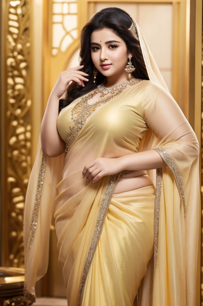 1 Heavenly beautiful and goddess beauty cute and sweet looking face Arabian woman in front of Chengdu, China, Heavenly beautiful Overweight, Heavenly beautiful Extremely fat, Heavenly beautiful and attractive Chubby figure , Heavenly beautiful looking and eye catching luxury style saree , reaching out, Heavenly beautiful Arabian woman, 16k, High resolution, masterpiece, highest quality, fine skin, close up figure view, Realistic Photograph