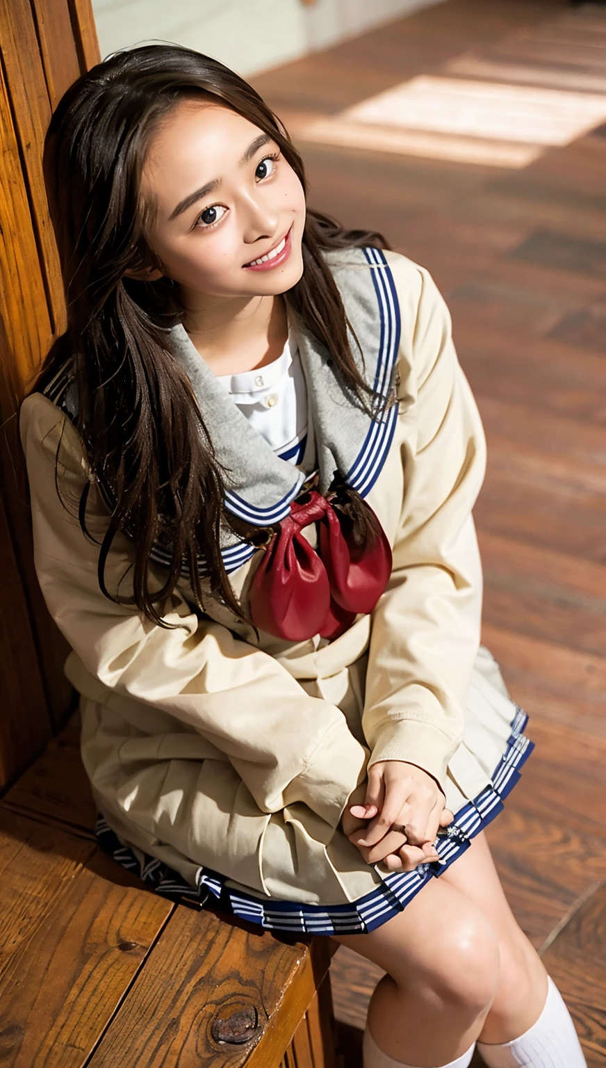 (((cowboy shot))),Ultra-high resolution,big eyes,(brown eyes),Japanese,(forehead),(a girl),(1 girl),((************)),(cute),pretty,((facing at viewer)),grin,(((white school sailor uniform))),pleated skirt,(sitting),(thick thighs)