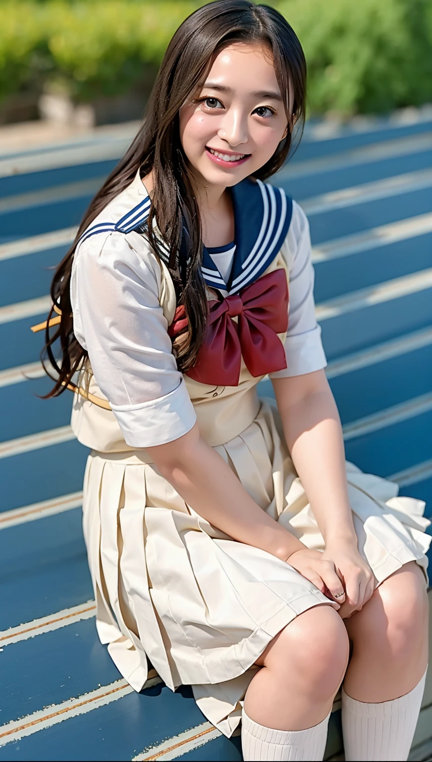 (((cowboy shot))),Ultra-high resolution,big eyes,(brown eyes),Japanese,(forehead),(a girl),(1 girl),(()),(cute),pretty,((facing at viewer)),grin,(((white school sailor uniform))),pleated skirt,(sitting),(thick thighs)