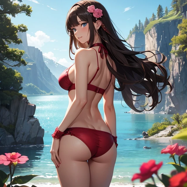 (masterpiece image, very detailed image, best high quality high definition image), solo character, back view
High very detailed Quality image
1girl, 28 years old girl, tan dark brown skin, blue grey eyes, smiling, carefree demeanor, absolute feminine beauty, long dark brown hair tied on braid, pink flower at left side of the hair, thin pale mouth lips, big breasts, beautiful arms, red gloves, beautiful legs, (red bikini)
Walking at the lake shore