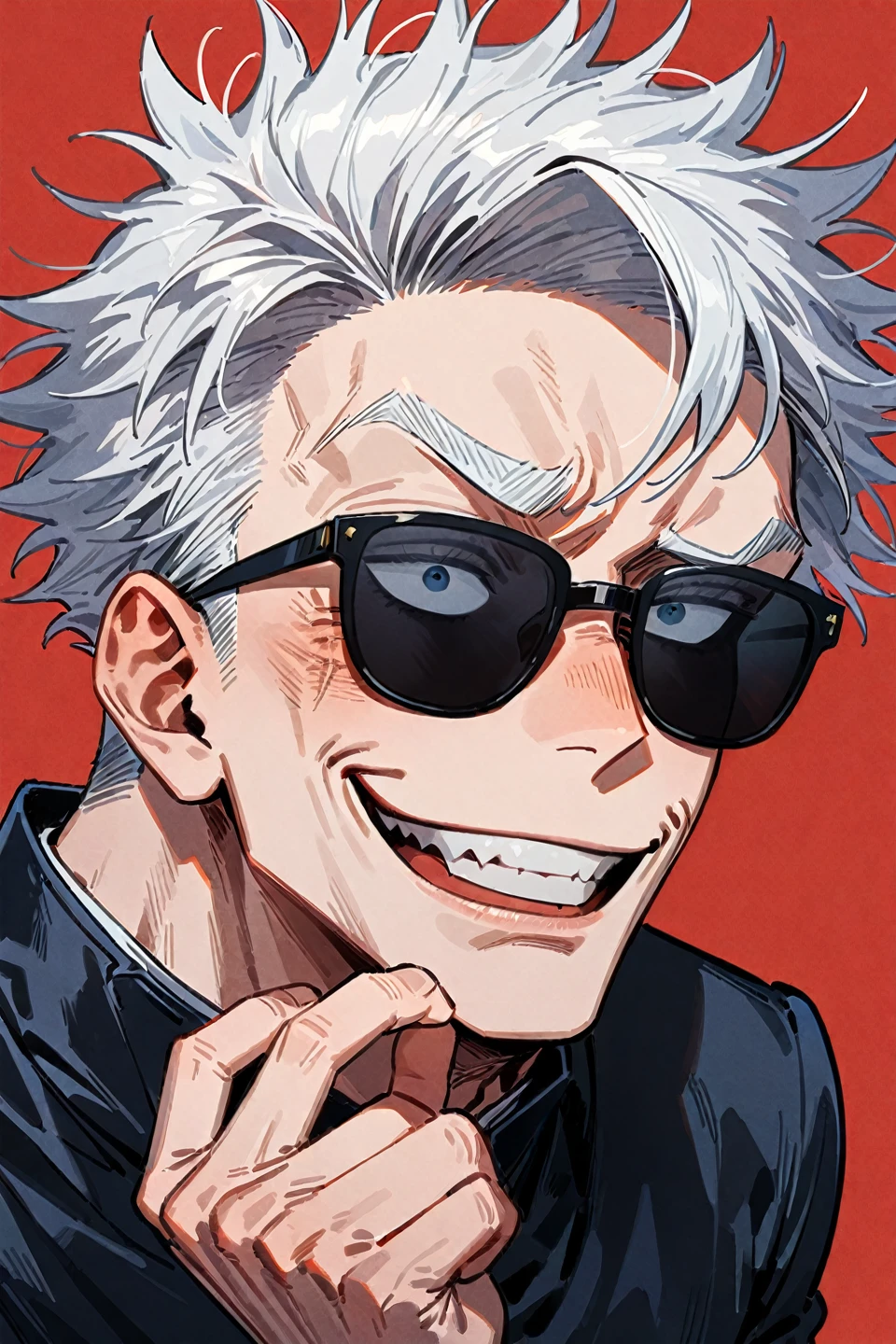 1boy, Satoru Gojo, from Jujutsu Kaisen, center, smug face, black sunglasses, black jacket, white hair, red background, masterpiece, best quality, very aesthetic, absurdity --style 1, ((medium quality)), ((medium quality))