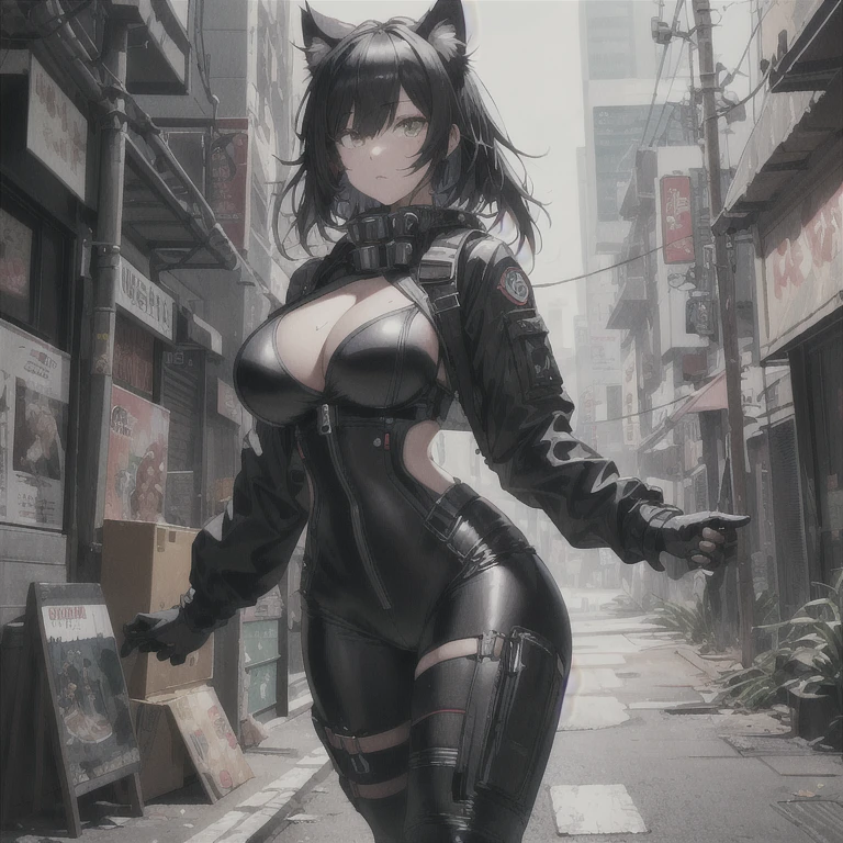 Absurd resolution, high resolution, (masterpiece: 1.4), hyper-detail, solo, 1 kemono feline cat woman, black hair, extremely large bust, huge breasts, fullbody covering pilot utility suit, padded high collar techwear jacket, fitted utility pants, near future scifi, cyberpunk asethetic, anime aesthetic