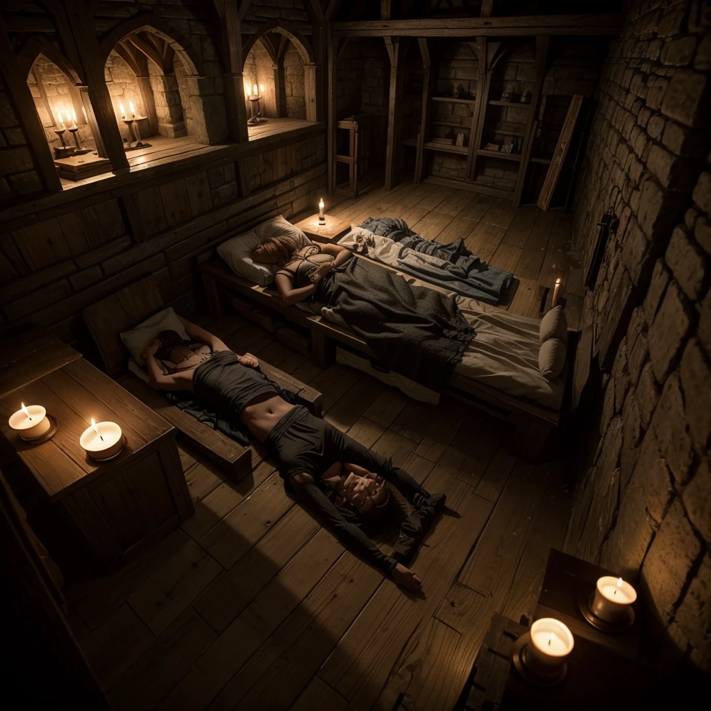 Rpg inside medieval room with a bed and 5 dead bodies front view at night