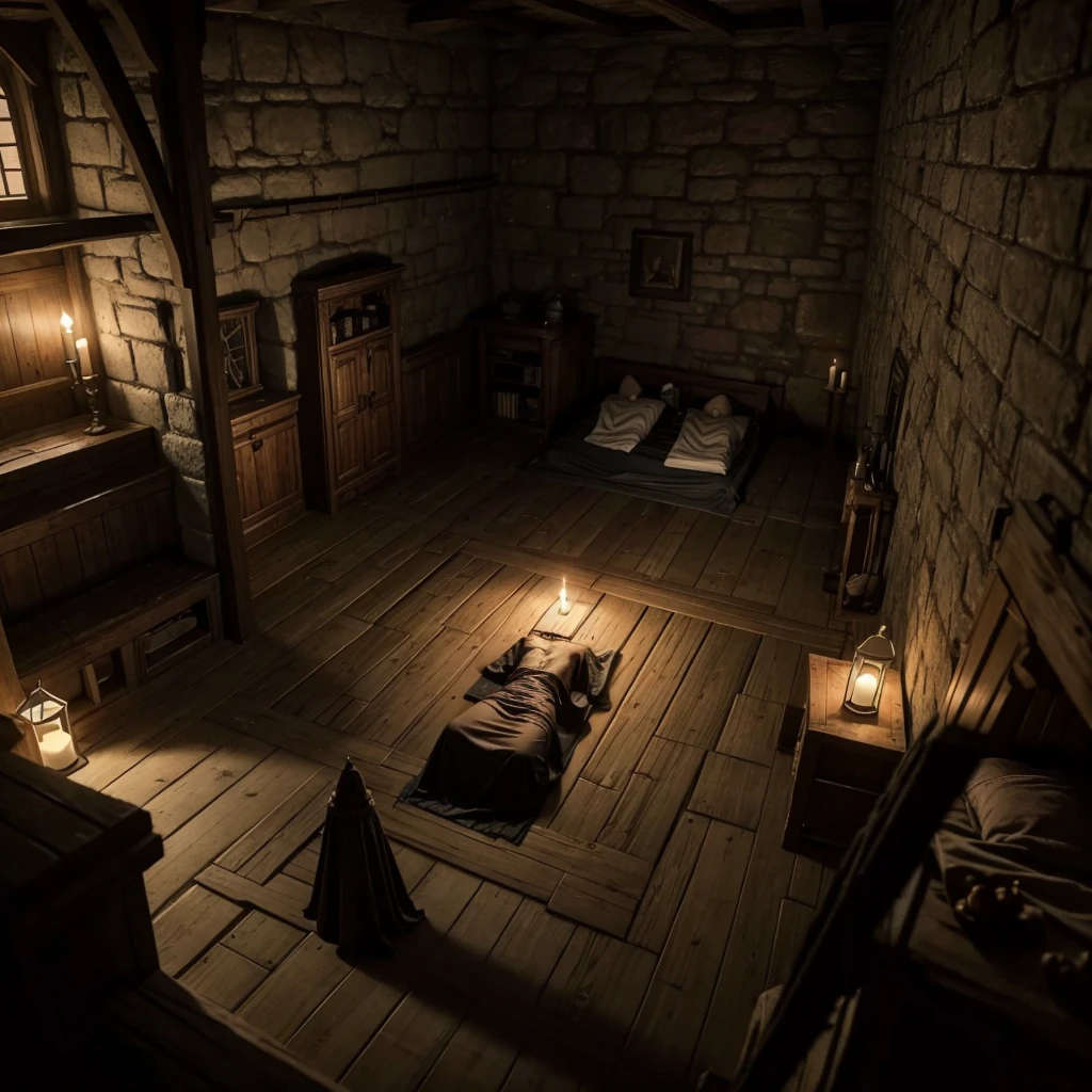 Rpg inside medieval room with a bed and 5 dead bodies front view at night