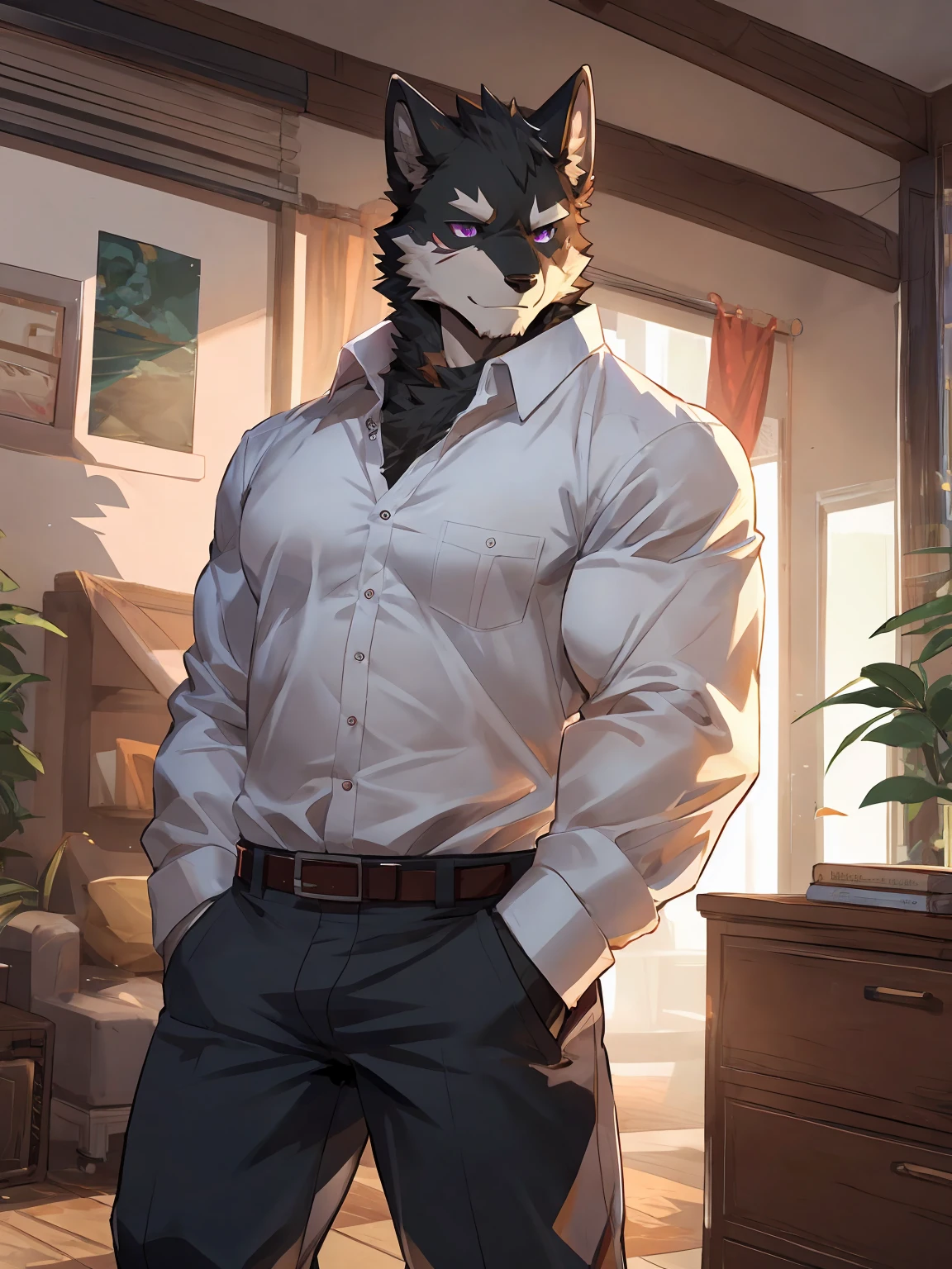 embedding:black wolf, male,purple eyes,Scar on the face, scar on the body,Single person，The fur on the chest and abdomen is white.Inside the apartment,Elder brother.Modern apartment, clean and tidy.casual Shirt，Casual pants,Formal, everyday,A mild expression,Maturity,The highest quality of scene detail,adult,Tall and powerful,muscle，Best quality hands, best quality eye，detailed fur，Delicate eyes.Extreme picture quality，by sollyz,by zixiong,by milkytiger1145