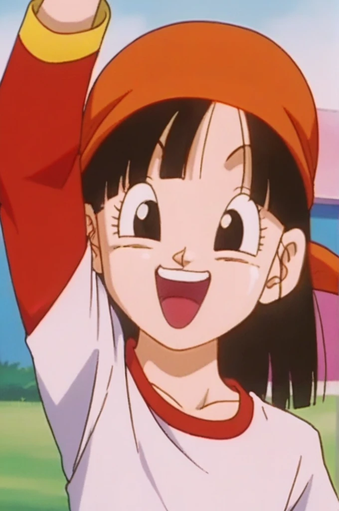 source_anime, score_9, score_8_up, score_7_up, anime screencap,
pangt, 1girl, solo, smile, open mouth, bangs, happy, grass, black hair, field, collarbone, upper body, :d, teeth, blunt bangs, outdoors, black eyes, arm up, eyelashes, upper teeth only, happy, red crop top, facing viewer, close-up, bandana, retro artstyle, , 1990s \(style\), orange headwear, tongue, raised eyebrows, arms up, short hair,
