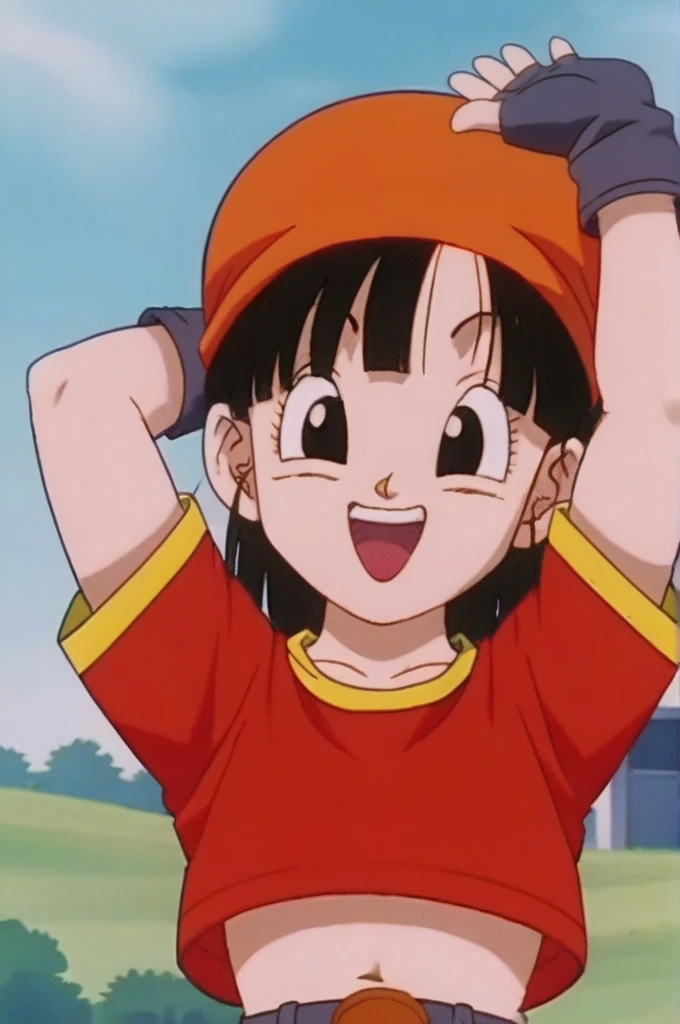 source_anime, score_9, score_8_up, score_7_up, anime screencap,
pangt, 1girl, solo, smile, open mouth, bangs, happy, grass, black hair, field, collarbone, upper body, :d, teeth, blunt bangs, outdoors, black eyes, arm up, eyelashes, upper teeth only, happy, red crop top, facing viewer, close-up, bandana, retro artstyle, , 1990s \(style\), orange headwear, tongue, raised eyebrows, arms up, short hair,