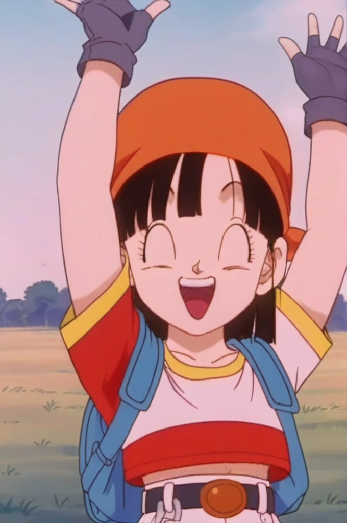 source_anime, score_9, score_8_up, score_7_up, anime screencap, 
pangt, 1girl, solo, smile, open mouth, bangs, happy, grass, black hair, field, collarbone, upper body, :d, teeth, blunt bangs, outdoors, black eyes, arm up, eyelashes, upper teeth only, happy, red crop top, facing viewer, close-up, bandana, retro artstyle, , 1990s \(style\), orange headwear, tongue, raised eyebrows, arms up, short hair,
 