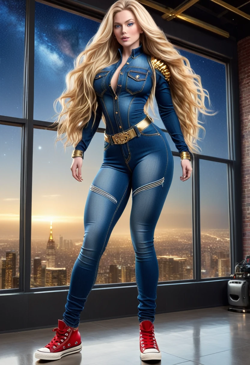 BOMBSHELL BLONDE WOMAN, WARRIOR FEMALE ON BLUE JEANS JUMPSUIT, VERY PALE SKIN, BLUE EYES, HIGH CHEEKBONES, ROSY CHEEKS, MENTAL FORAMEN, HUGE LONG BLONDE HAIR, DREAD HAIRSTYLE, LONG JEANS DREADS ON LONG BLONDE HAIR, THONG LEOTARD ARMOUR, JEANS LONG SLEEVES, JEANS TEXTURE, GOLD DETAILS ON JEANS, JEANS BODYSUIT, NECK BODYSUIT, GOLD GAUNTLETS, RED BELT, GOLD BUCKLE, RED CONVERSE ALL STAR SHOES, ATHLETIC CURVY BODY, DETAILED QUADRICEPS, THICK THIGHS, MUSCLES, SIDE BODY VIEW, FULL BODY PERSPECTIVE, DARK HALL, HUGE WINDOWS, NIGHT SKY, ACCURATE IMAGE, MASTERPIECE.