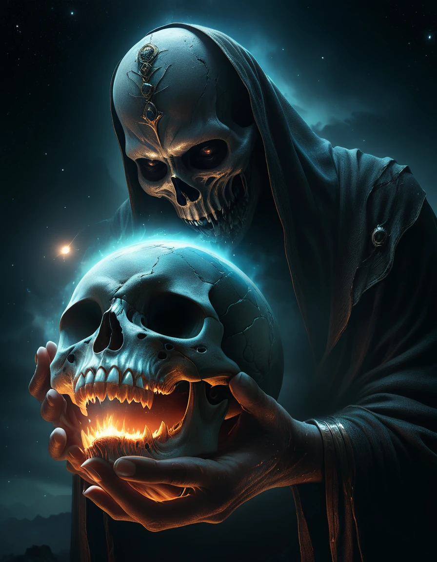 someone holding a skull in their hands with a planet in the background, digital art inspired by tomasz alen kopera, trending on cgsociety, digital art, sci-fi horror artwork, about to consume you, devouring a planet, horrific digital art, sci-fi horror art, face melting into the universe, horror surreal art, mouth of hell, hyperrealistic, highly detailed, dramatic lighting, cinematic, moody atmosphere, dark and twisted, unsettling, uncanny, nightmarish, dystopian, visceral, otherworldly, chiaroscuro, photorealistic, 8k, ultra-detailed, masterpiece