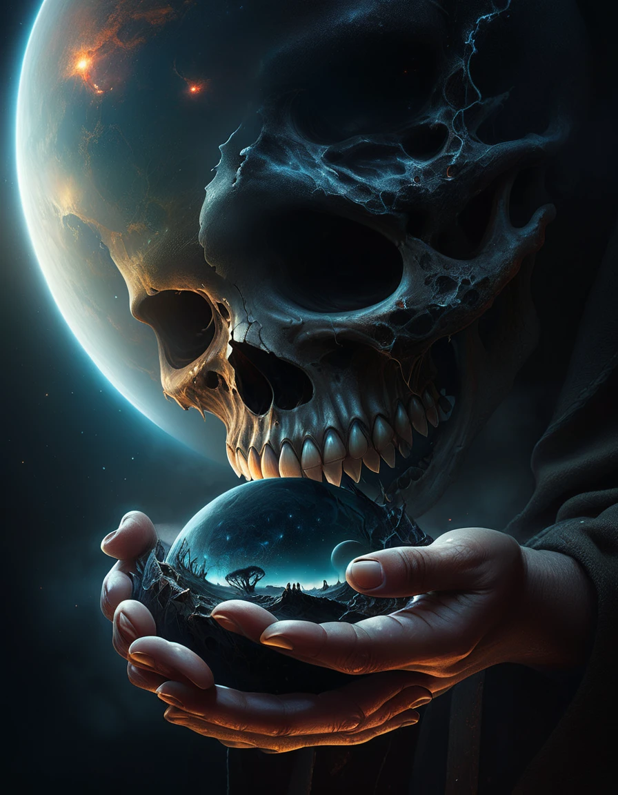 someone holding a skull in their hands with a planet in the background, digital art inspired by tomasz alen kopera, trending on cgsociety, digital art, sci-fi horror artwork, about to consume you, devouring a planet, horrific digital art, sci-fi horror art, face melting into the universe, horror surreal art, mouth of hell, hyperrealistic, highly detailed, dramatic lighting, cinematic, moody atmosphere, dark and twisted, unsettling, uncanny, nightmarish, dystopian, visceral, otherworldly, chiaroscuro, photorealistic, 8k, ultra-detailed, masterpiece