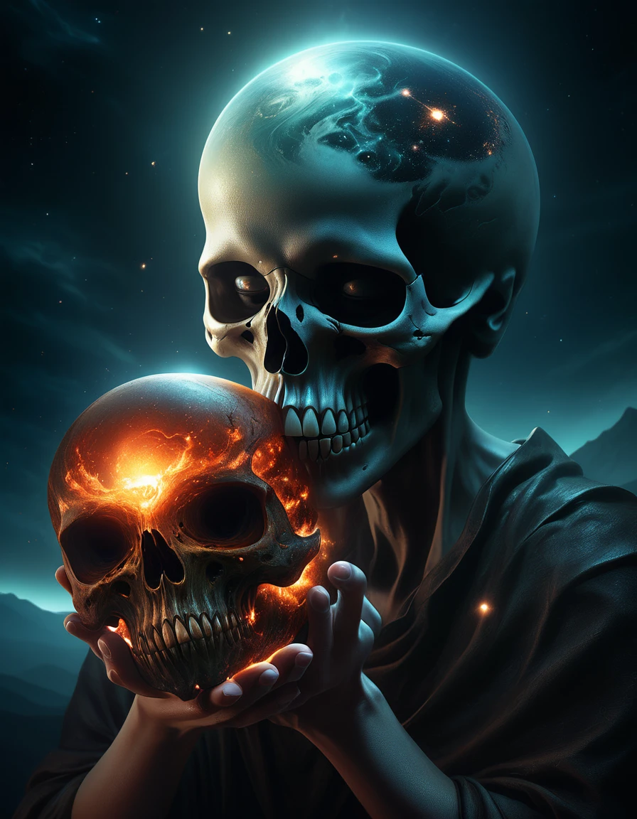 someone holding a skull in their hands with a planet in the background, digital art inspired by tomasz alen kopera, trending on cgsociety, digital art, sci-fi horror artwork, about to consume you, devouring a planet, horrific digital art, sci-fi horror art, face melting into the universe, horror surreal art, mouth of hell, hyperrealistic, highly detailed, dramatic lighting, cinematic, moody atmosphere, dark and twisted, unsettling, uncanny, nightmarish, dystopian, visceral, otherworldly, chiaroscuro, photorealistic, 8k, ultra-detailed, masterpiece