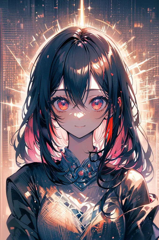 (masterpiece, highest quality, highest quality, (No text), Beautiful and aesthetic:1.2),No text,アニメ、 high resolution BREAK,One Girl,Short black hair Tree Eyes Beautiful eyes Red eyes Beautiful girl cool smile Black Coat mini skirt Whole body Night view Detailed eyes and face