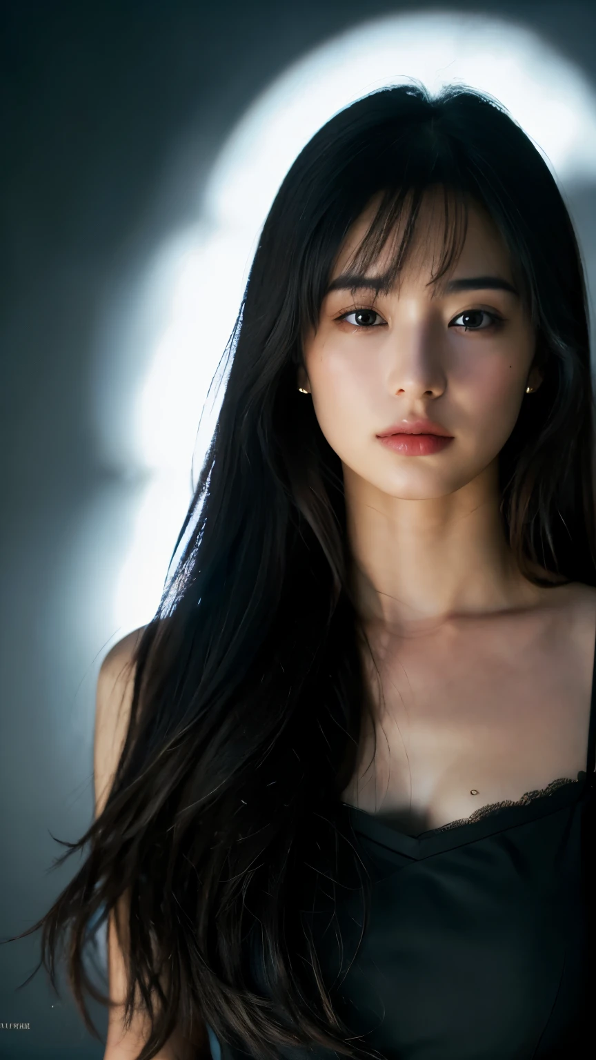 best quality, Spectacular and realistic, ((in the pitch black darkness :1.4)), ((portrait:1.5)),(background: dark ) High contrast ,好photo, Lowest lux, lighting Face, she is comFortable, Looks, (8K, RAWphoto, best quality),(Spectacular and realistic:1.5), Miss, Face,(Fine eyes:0.8),(Looking at the camera:1.4), (best quality), ( High contrast, Deep Shadows),Intricate details,Movie,((skin:1.4)), (long dark hair:1.3), Long hair, messy ,(Human Development Report:1.5),be Familiar with, color, excellent quality, masterpiece, RAWphoto (20 years old, Looking at the audience), beautiFul, perFection, nature, perFection composition, portrait, perFection Face, 笑Face expression, Charming eyes, Bright details, Close your lips, (高いskinのディテール),, (light blue: 0.6), (Sale: 0.8), master lighting , (Backlight: 0.5), medium depth oF Field, Canon 5D, 50mm lens, F/4 apertures, (Very detailed, Intricate details), sharp Focus, soFt color, 8K, absurd, 80 mm, dark background, photo, 笑Face, Ease ,slim的、slim、Model figure、subtle sensuality