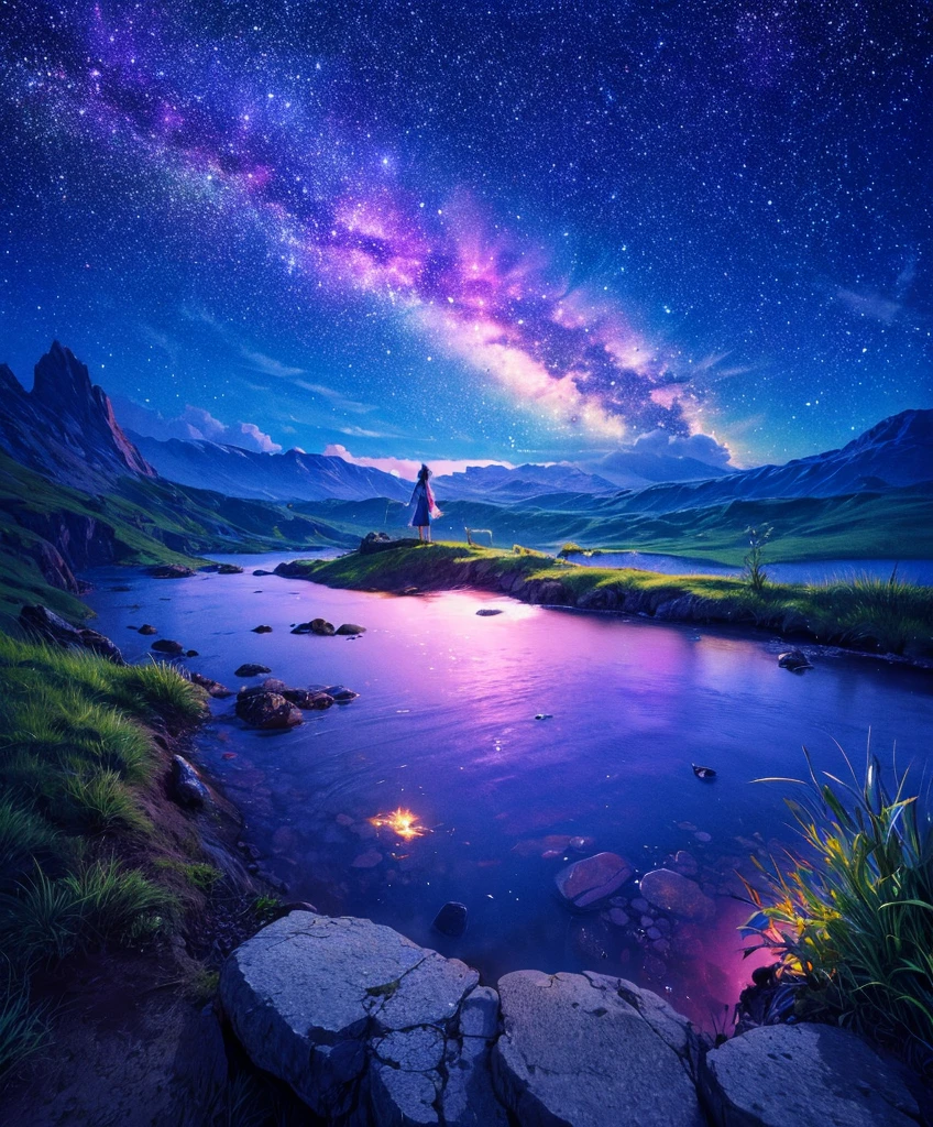Cute girl character on grassy water、Describe the scene lying on the hill, Look up at the starry sky. Surround her with colorful nebulae and her favorite constellations.