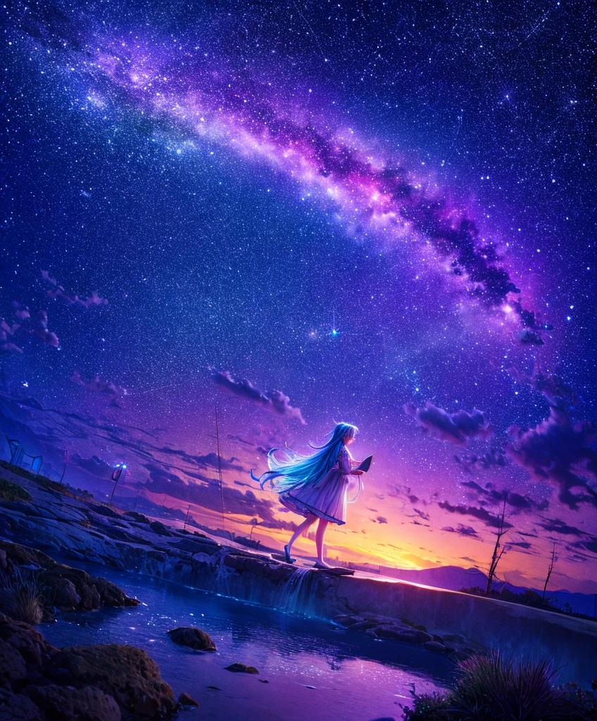 Cute girl character on grassy water、Describe the scene lying on the hill, Look up at the starry sky. Surround her with colorful nebulae and her favorite constellations.