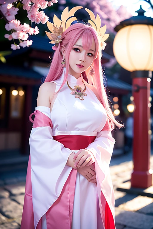(Extreme Detail CG Unity 8K wallpaper, masterpiece, highest quality), (ulzzang-6500-v1.1:0.4) 1girl, kpop idol, yae miko, detached sleeves, pink hair, long hair, best quality, (photorealistic:1.2), (hair ornament:1.35), jewelry, wearing face veil, white face veil, purple eyes, earrings, large , torii, cherry blossoms, lantern light, depth of field, detailed face, face focus, (looking at viewer:1.25), shiny skin, long sleeves, smile, thick lips, game cg, thighhighs, east asian architecture, blurry background, full body, arms behind back,hands behind,