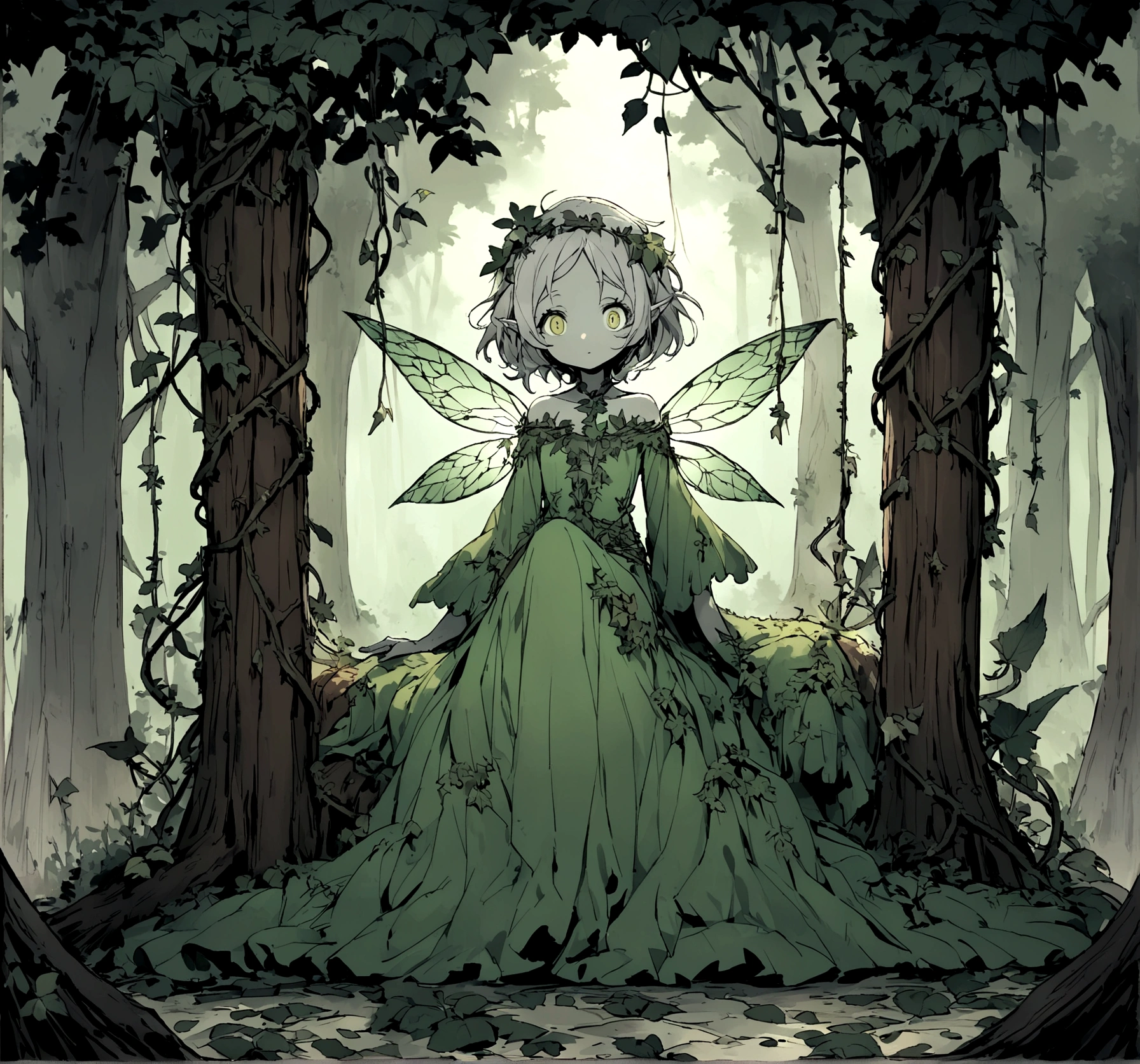 Imagine a mystical forest under moonlit skies, where a small, weathered wooden cage adorned with moss and ivy stands amidst ancient trees. Inside the cage, a delicate fairy with shimmering wings trembles, her wide eyes reflecting fear. Her silver hair flows elegantly, and her attire, woven from petals and leaves, is now disheveled. Surrounding the cage are three sinister goblins with hunched forms and earthy camouflage-like skin, each wielding crude weapons—a jagged club, a slingshot of twisted vines, and a spear adorned with feathers and bones. The goblins taunt in guttural tones, their eyes gleaming with malice as they encircle the fairy. The forest is alive with eerie silence, punctuated by rustling leaves and distant creature calls under the haunting glow of moonlight, casting long shadows that emphasize the fairy's vulnerable plight in this enchanting yet perilous setting.