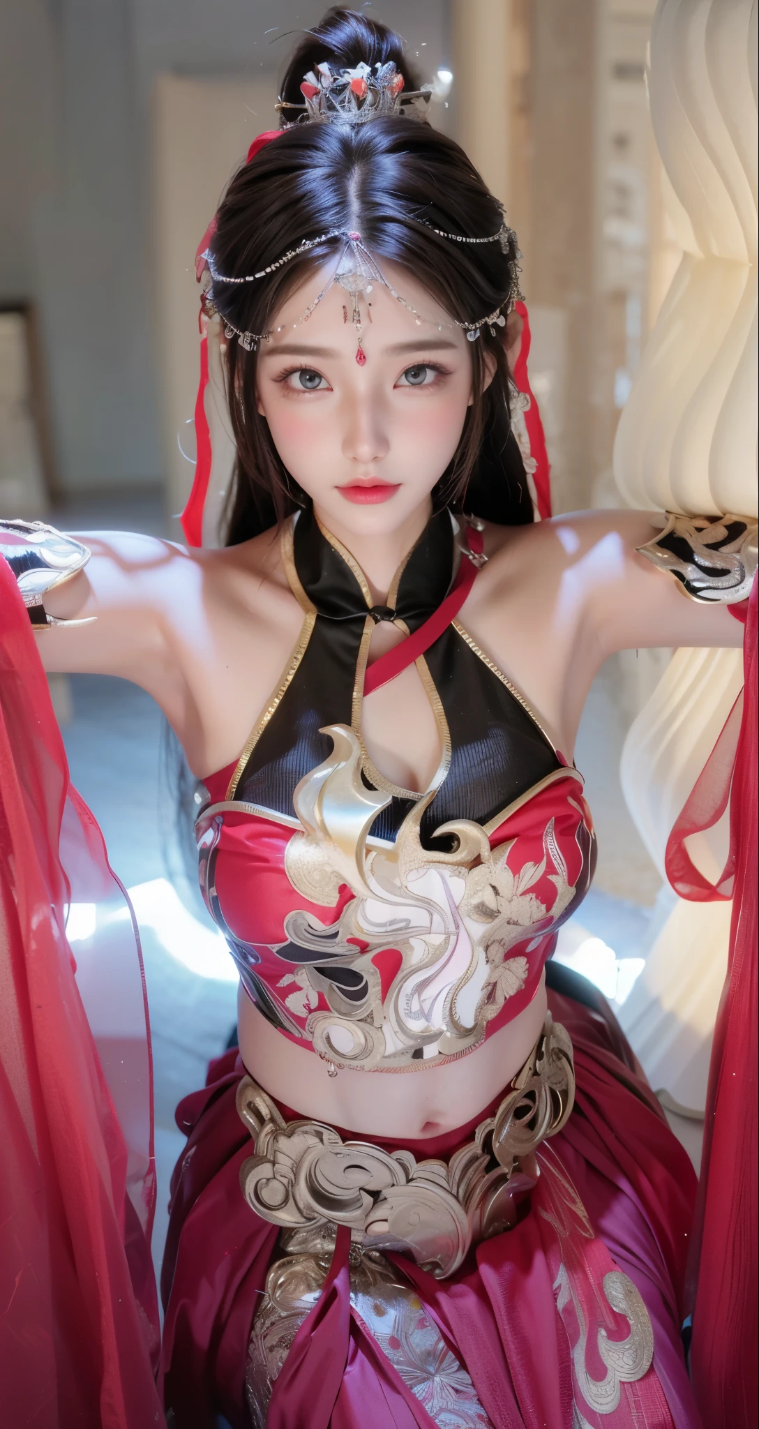 Game Art,CG Animation,Best image quality,Maximum resolution,8K picture quality,(A bust photo),(portrait),(Head close-up),(Rule of Thirds),Unreal Engine 5 rendering works,20 year old girl,((Queen)),The eyes are very detailed,(Large Breasts),Elegance and nobility,Ray Tracing,Game CG,((3D Unreal Engine)),OC rendering reflection mode,4K,Ultra-clear,Translucent lace,Fair and plump figure,Pretty Face,Glossy Gel Coat,身着华贵礼服的Queen,Gorgeous clothing,Luxurious and exquisite jewelry,Colorful makeup,Full figure,Dark red lipstick,精致Gorgeous clothing,Chinese Hanfu,Fairy,Raise your arms