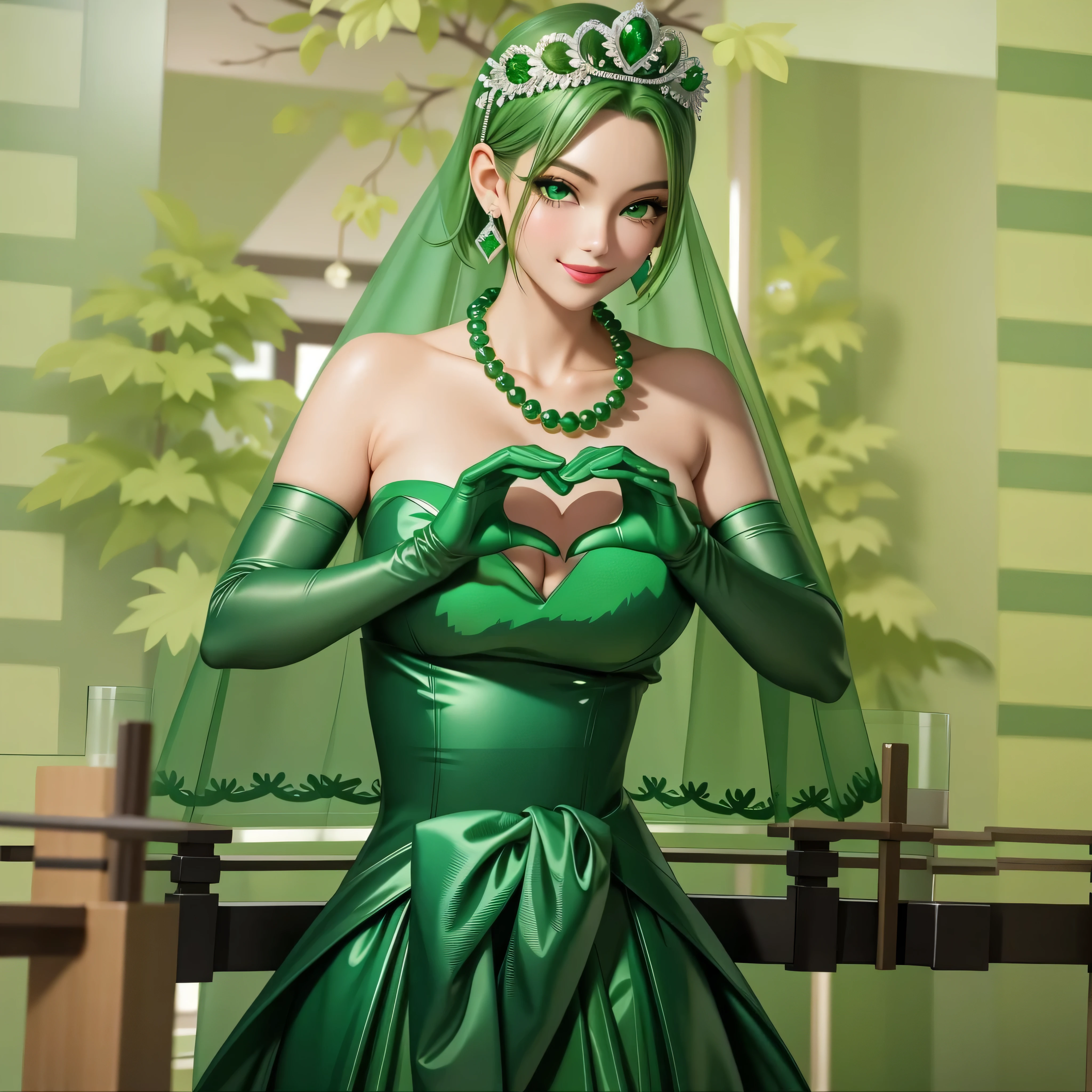 emerald tiara, Green Pearl Necklace, Boyish very short green hair, Green Lips, Smiling Japanese woman, Very short hair, Busty beautiful lady, Green Eyes, Green satin long gloves, Green Eyes, Emerald Earrings, Green veil, Heart with both hands, Heart shaped hands, Green Hair, Beautiful Japanese Woman, green lip gloss