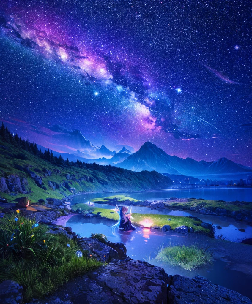 Cute girl character on grassy water、Describe the scene lying on the hill, Look up at the starry sky. Surround her with colorful nebulae and her favorite constellations.