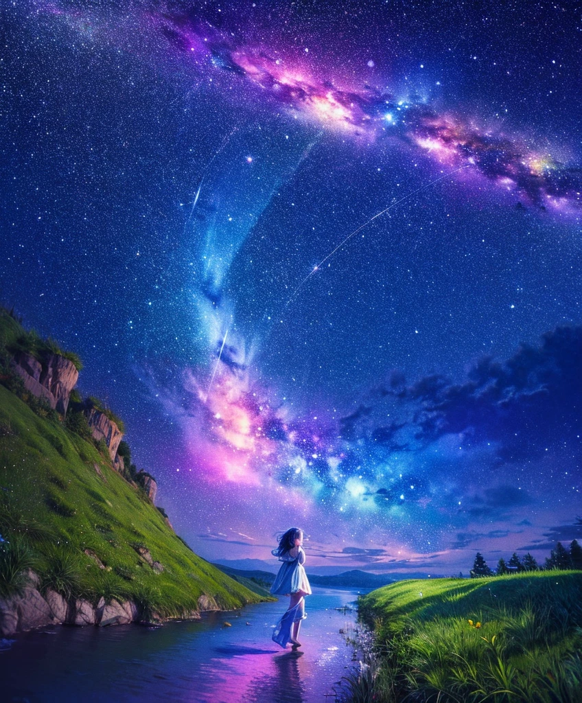 Cute girl character on grassy water、Describe the scene lying on the hill, Look up at the starry sky. Surround her with colorful nebulae and her favorite constellations.