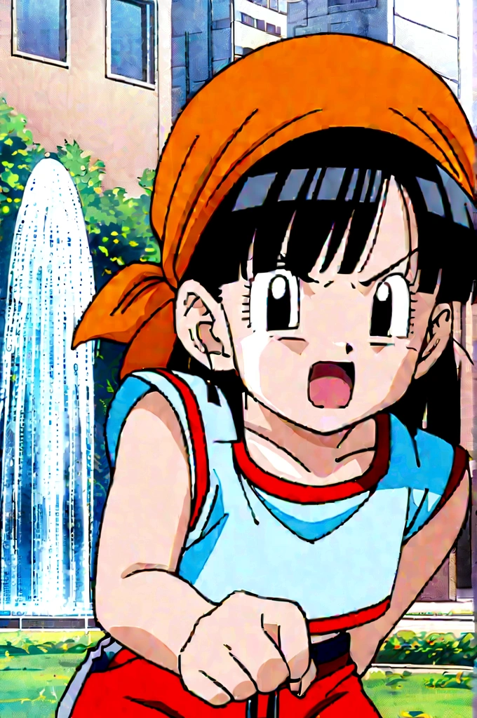 fountain_cheered up,score_9,score_8_above,score_7_above,cheered up screencap,
pain,1 girl,Alone,hits,angry,Grass,black fur,outdoor,City,clavicle,blunt hits,black eyes,eyelashes,in front of the viewer,bandana,retro artStyle,1990s \(Style\),orange hats,arched eyebrows,short hair,tube top,dolphin shorts,
