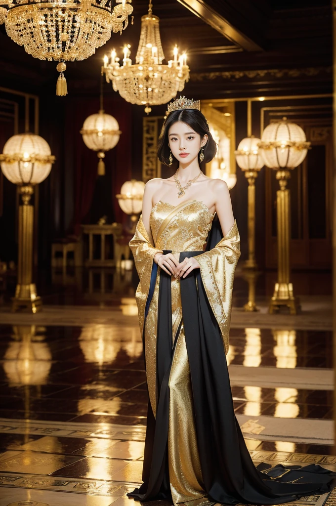 (((best quality))),(((ultra detailed))),(((masterpiece))),illustration,1 girl,solo,slim,thin,shoulder length straight bob hair,earrings,necklace,small breasts,flat chest,slender legs,high heels,Asian appearance,princess,royal,Chinese palace,night scene,magnificent dragon gown,golden crown,intricate embroidery,luxurious fabric,precious stones,metallic throne,decorative patterns,rich decorations,luxurious furnishings,regal charm,beautiful face,gentle smile,bright eyes,historical,traditional,city lights,modernity,frozen moment,beauty of the past,evolution of time,from front,full body,standing,