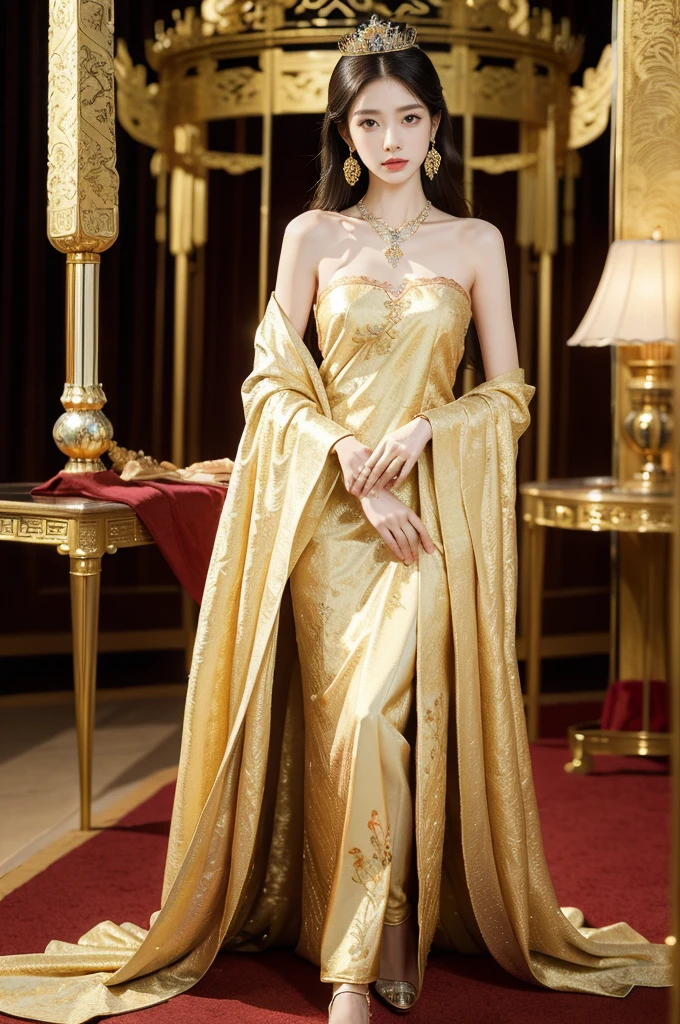 (((best quality))),(((ultra detailed))),(((masterpiece))),illustration,1 girl,solo,slim,thin,shoulder length straight bob hair,earrings,necklace,small breasts,flat chest,slender legs,high heels,Asian appearance,princess,royal,Chinese palace,night scene,magnificent dragon gown,golden crown,intricate embroidery,luxurious fabric,precious stones,metallic throne,decorative patterns,rich decorations,luxurious furnishings,regal charm,beautiful face,gentle smile,bright eyes,historical,traditional,city lights,modernity,frozen moment,beauty of the past,evolution of time,from front,full body,standing,
