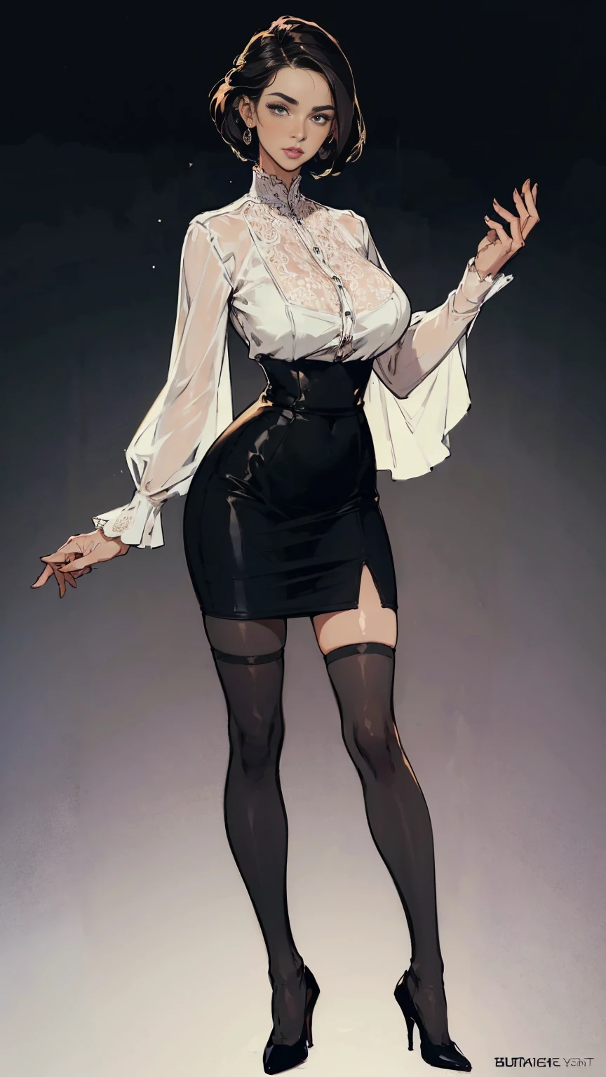 ((best quality,4k,highres,masterpiece:1.2)),((character concept art)), 1 female, 33-year-old university teacher, ((elegant, ethereal beauty, busty)), brunette hair, (fair skin colour), ultra finely detailed eyes (hazel eyes colour), hot, intelligent, educational enthusiast, slim body build, ((intricate detail)), super finely detailed hands, ultra finely detailed fingers(((ten fingers))), wearing outfit:((form-fitting blouse, very short pencil skirt, high heels, black stockings)), (standing professionally), (full body showcase), (show full body), (no logos on background), (no logo), ((plain background)), ((plain background)), (((empty background)))