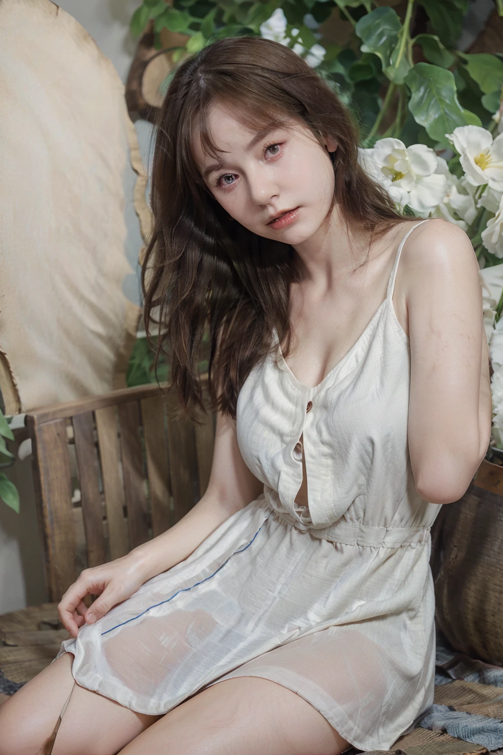 waist up potrait of 50 years age of french woman with white skins, blue eyes, dark brown hairs, wearing v neck sundress, slightly chubby, background dark studio, ultra realistic skins, ultra white skins, skins detailed, perfect eyes, eyes detailed.