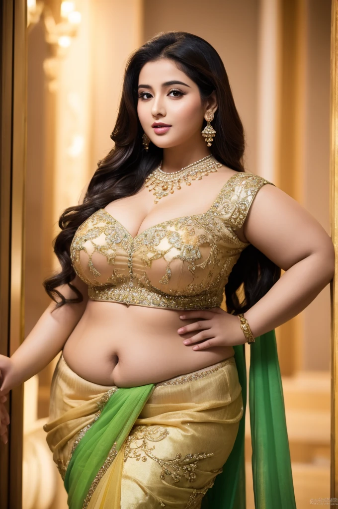 1 Heavenly beautiful and goddess beauty cute and sweet looking face Arabian woman in front of Chengdu, China, Heavenly beautiful Overweight, Heavenly beautiful Extremely fat, Heavenly beautiful and attractive Chubby figure , Heavenly beautiful looking and eye catching luxury style saree , reaching out, Heavenly beautiful Arabian woman, 16k, High resolution, masterpiece, highest quality, fine skin, close up figure view, Realistic Photograph
