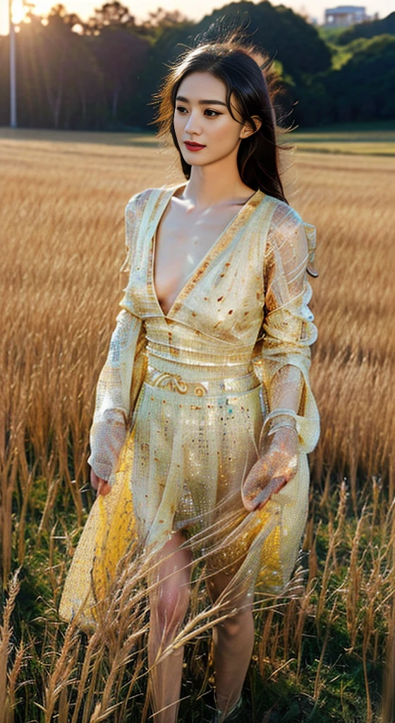 1 female，solo，Realistically，非常高的quality，Extremely detailed，(Huge breasts），Best lighting，quality：8K，Soft skin tone，Beautiful fingers，Most Popular Art，Costume Art，Wheat Field，Wilderness。