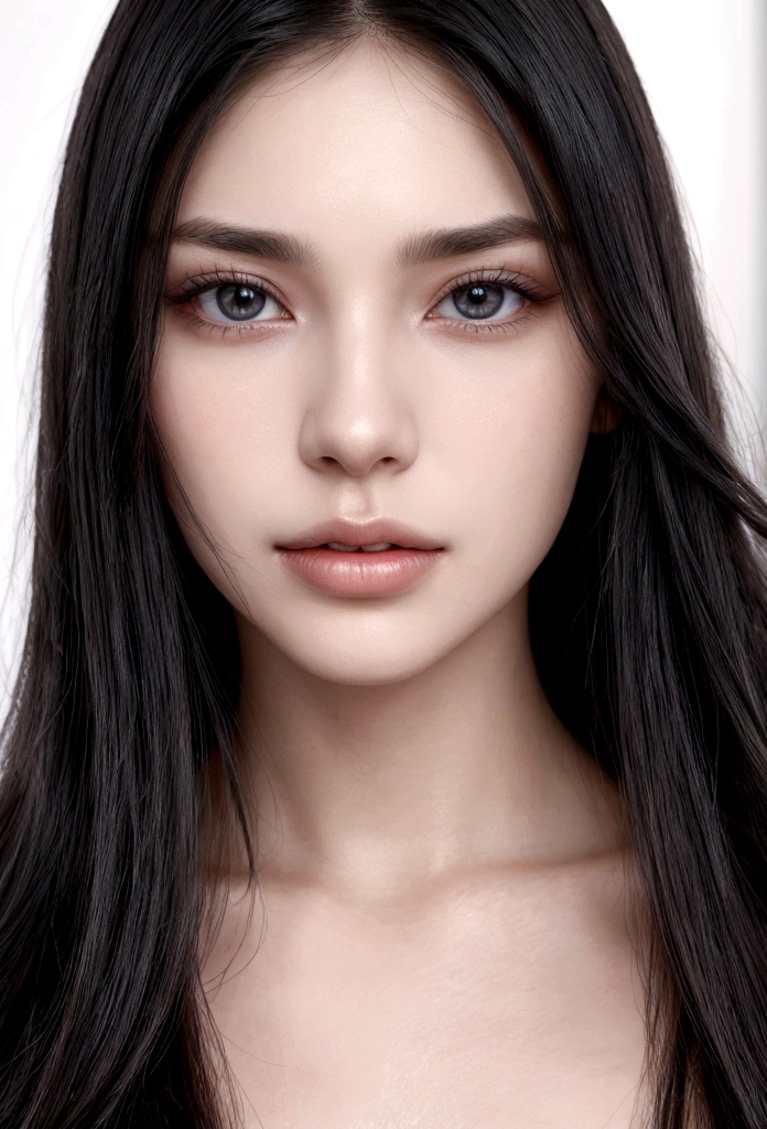 Beautiful woman in closeup, extremely straight hair, black hair, long hair, (Close up) wide jaw, realistic photography, ultra realistic image, very sharp image, high quality, The best quality. extremely straight hair, extremely straight hair.